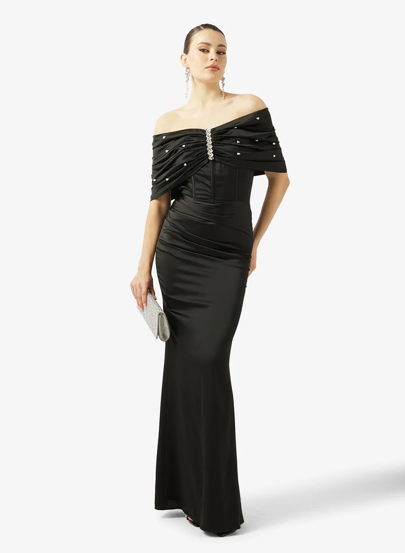 Akadia Fashion  EMBELLISHED SHOULDER SATIN DRESS for Women | Best Price UAE